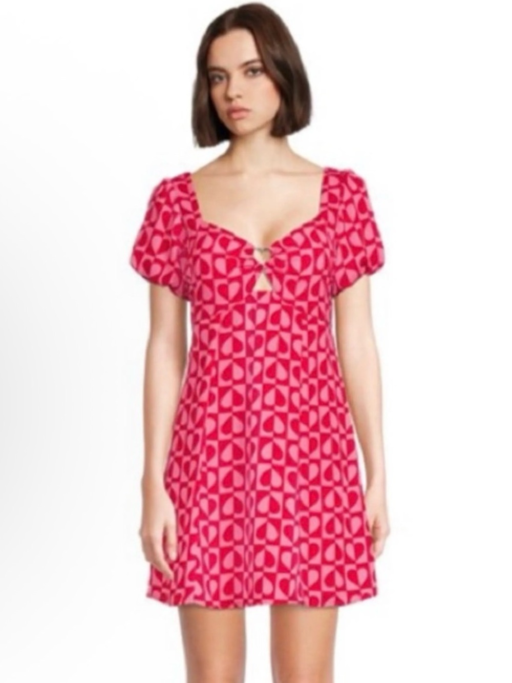 Pink & Red Madden NYC Heart Cut Out Puff Sleeve Mini Dress